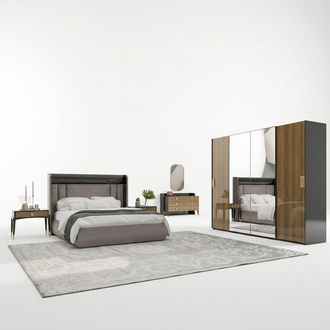 Luxury set 6 pieces double bed bedroom chest of drawers with mirror 2x bedside tables