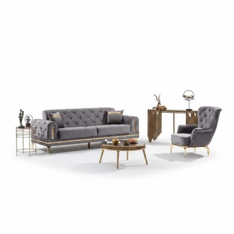 Luxury sofa 3-seater with armchair living room couch set Chesterfield gray