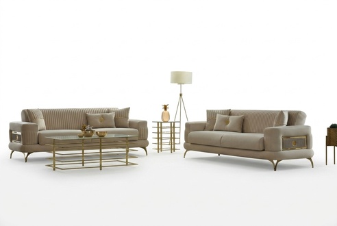 Luxury sofa set, three-seater sofa, fabric sofa, upholstered sofa, beige, 2-piece.