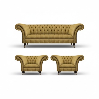 Luxury yellow Chesterfield sofa designer living room 2x armchairs 3-piece set