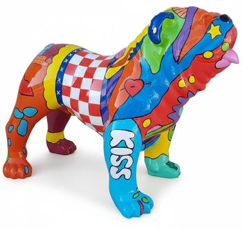 Multi-colored decorative abstract sculpture designed as standing gloss dog in comics patterns 72x90cm