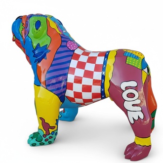Decorative abstract sculpture designed as gloss standing dog in colorful comics patterns 72x90cm
