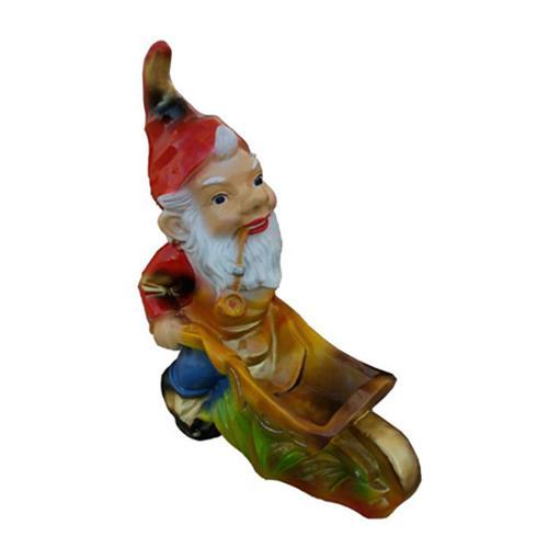 Colorful decorative sculpture designed as a dwarf gardener carrying a wheelbarrow 40cm