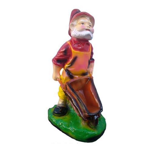 Colorful decorative sculpture designed as a gardener carrying a wheelbarrow 53cm
