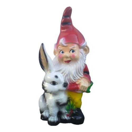 Colorful decorative sculpture designed as a dwarf feeds rabbit with a carrot 40cm