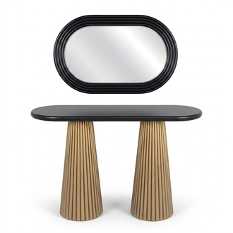 Wooden vanity table in black with a mirror, modern and elegant.