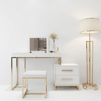Modern style bedroom set of make up table with mirror, dresser & chair made of real wood & stainless steel frame