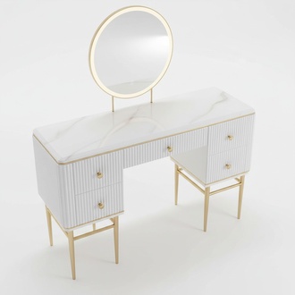 Modern style designer set of dressing table & round mirror with light made of real wooden frame
