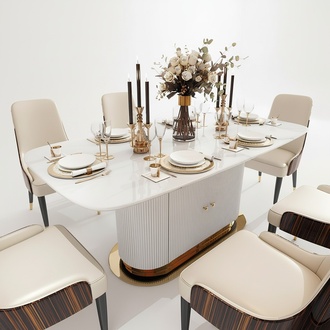 Designer Marble Dining Table + 6 Chairs Set Room Group 7 Piece Tables