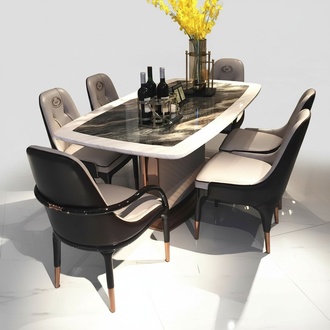 Marble designer dining table + 6 chairs set set room group 7 pcs tables