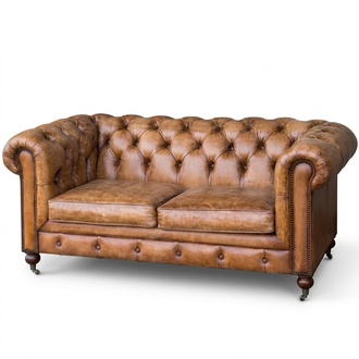 Chesterfield 2-Seater Sofa Faux Leather Upholstery Classic Brown Rustic Style Couch New