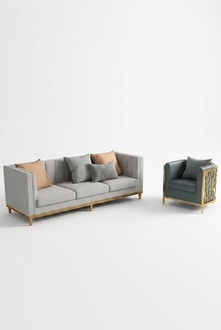 Metal Elements Leather Textile Couch Sofa Upholstery Seat Set Leather 3+1 Seater
