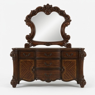 Classic baroque style bedroom set of dresser & mirror with 2-swing doors & 5-sliding drawers made of real wood