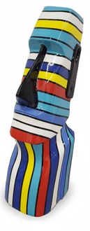 Abstract decorative sculpture designed as a standing moai figure in colorful stripes 75cm