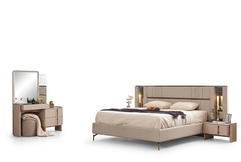 Modern bedroom furniture beige double bed 2x bedside tables dressing table