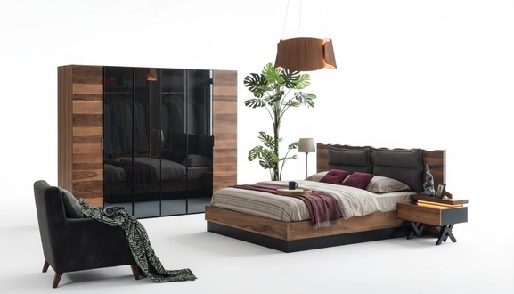 Modern bedroom furniture designer bed 2x bedside tables wardrobe