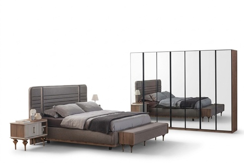Modern Bedroom Furniture Set Double Bed Bedside Tables Glass Wardrobe