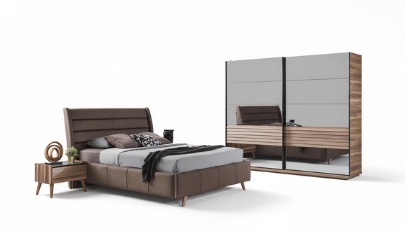 Modern bedroom furniture Upholstered double bed Wood bedside tables Wardrobe