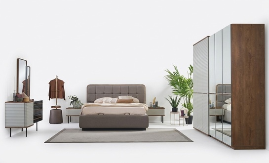 Modern Bedroom Set 7 Piece Double Bed Complete Brown Wood Bed