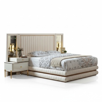 Modern bedroom set bed + 2x bedside tables design 3 pcs. beige