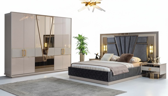 Modern bedroom set design furnishing new furniture bed with 2x bedside tables