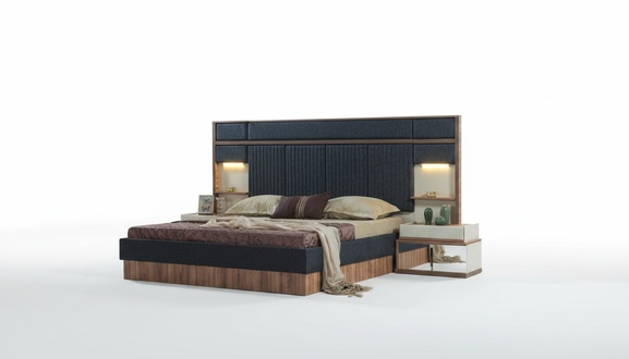 Modern bedroom set double bed wood bedside tables textile bed