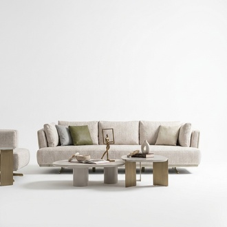 Modern beige 4-seater sofa made of wood and textile.