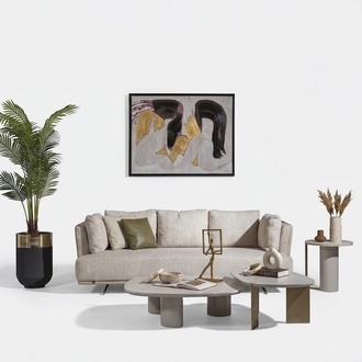 Modern beige 4-seater fabric sofa with wooden frame.