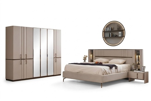 Modern beige double bed 2x bedside tables wardrobe wooden furniture