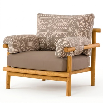 Modern beige fabric armchair made of wood for terrace and balcony.