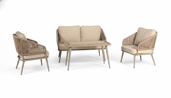 Modern beige garden furniture luxury sofa set coffee table high-quality armchair.