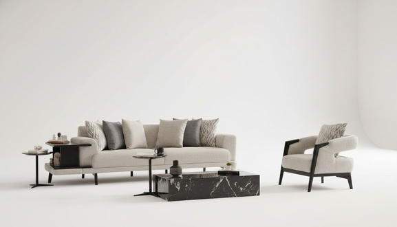 Modern beige living room set made of wood with sofa and armchair.
