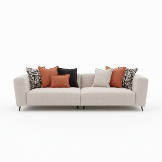 Modern beige textile sofa, 4-seater with wooden frame.