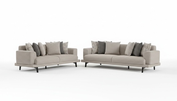 Modern beige wood-textile 3-seater sofas in a double set.