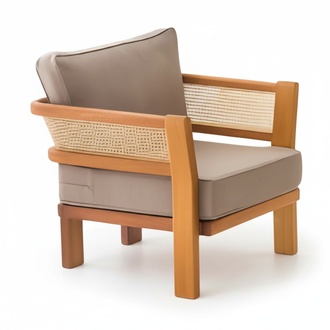 Modern beige wood-textile armchair for balcony and terrace.