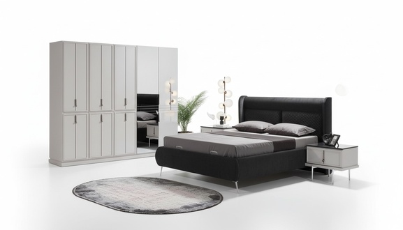 Modern black and white bedroom furniture Upholstered bed Bedside tables 4 pcs