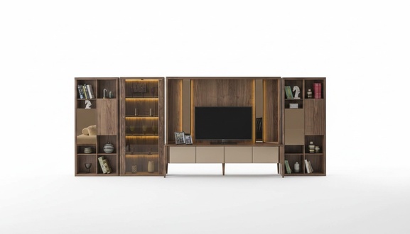 Modern Brown Wall Unit Living Room Wooden Wall Mux LED Shelves Wall Units