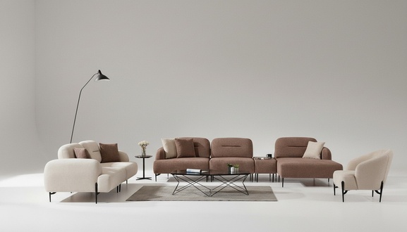 Modern brown and white sofa set 3 seater fabric armchair L-shape corner sofa