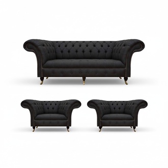 Modern Chesterfield Black Suite Designer 2x Upholstered Armchairs 3-Seater