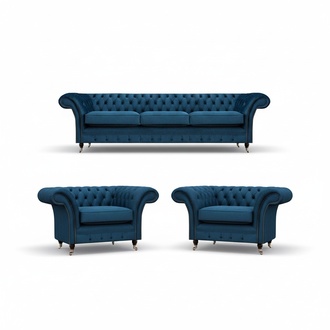 Modern Chesterfield Blue Armchair Luxurious Three-Seater Living Room Furniture
