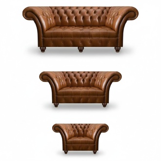 Modern Chesterfield Leather Sofas Designer Armchair Two-Seater 3-Piece Set