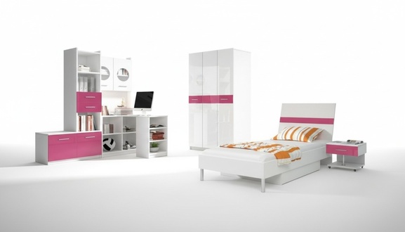 Modern children\'s room pink girl cabinet bed table wood 5 pieces. bedroom