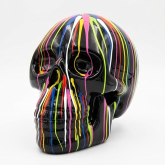 Modern style full black gloss colored decorative sculpture of skull with colorful stripes 58cm height