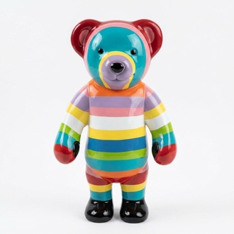 Abstract decorative sculpture designed as an colorful teddy bear figure with stripes 40cm height