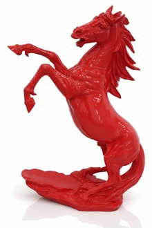 Full red colored decorative garden sculpture designed as gloss mustang horse figure 92 cm height