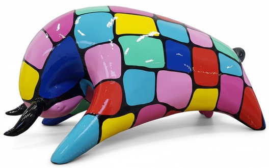 Modern style abstract decorative sculpture designed as multi-colored bull figure 25x50cm