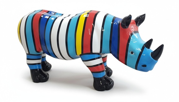 Modern style decorative garden sculpture designed as a gloss rhino with colorful stripes 35x75cm