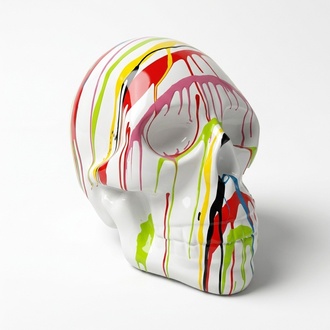 Abstract decorative sculpture designed as a gloss white skull with colorful stripes 58x44x66cm