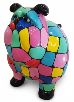 Decorative sculpture in modern style designed as an abstract round cartoon mastiff with colorful stripes & two legs 63 cm