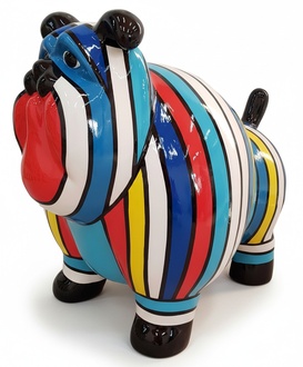 Abstract decorative sculpture in modern style designed as gloss mastiff with colorful stripes 63cm